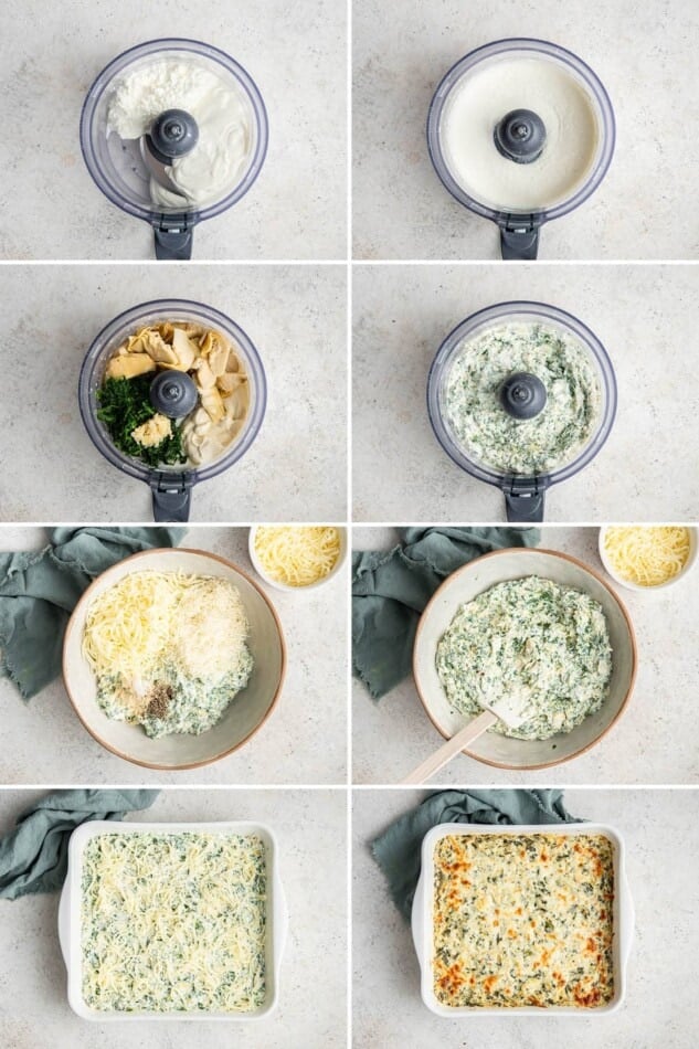 Collage of 8 photos showing the steps to make Healthy Spinach Artichoke Dip.