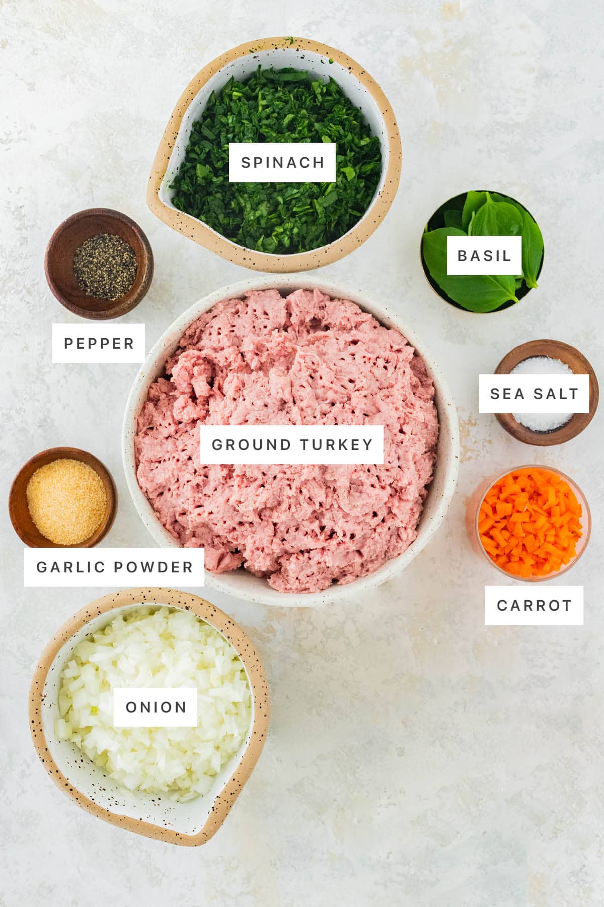 Ingredients measured out to make Turkey Spinach Meatballs: spinach, pepper, basil, ground turkey, sea salt, garlic powder, carrot and onion.