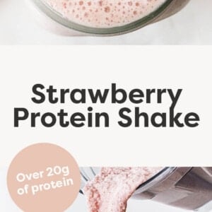 Strawberry Protein Shake in a mason jar glass with a gold straw and topped with strawberries. Photo below is of a blender pouring the shake into the glass.