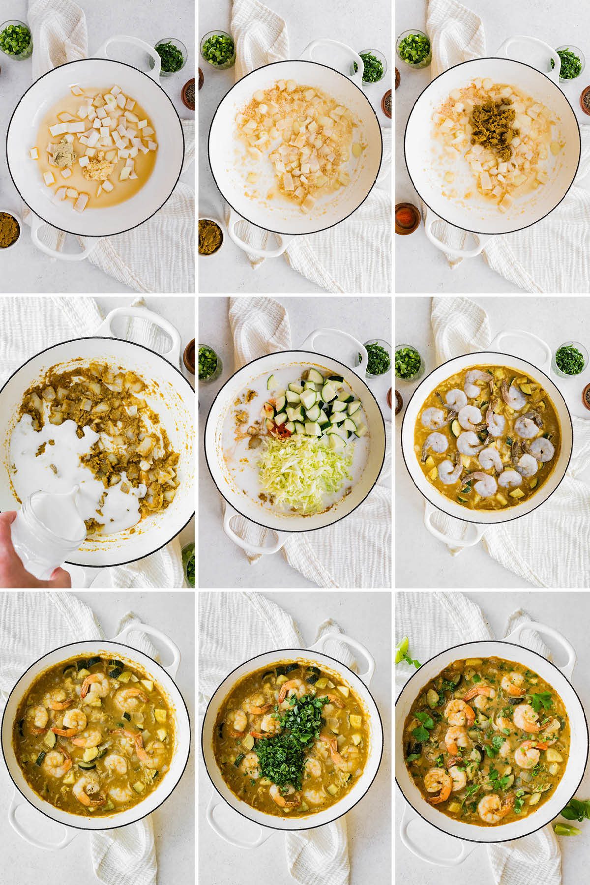 Collage of 9 photos showing the steps to make Green Curry with Shrimp in a pot.