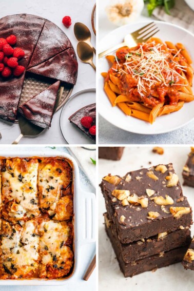 Collage of four recipe photos: flourless chocolate cake, pasta alla vodka, baked eggplant parmesan and black bean brownies.