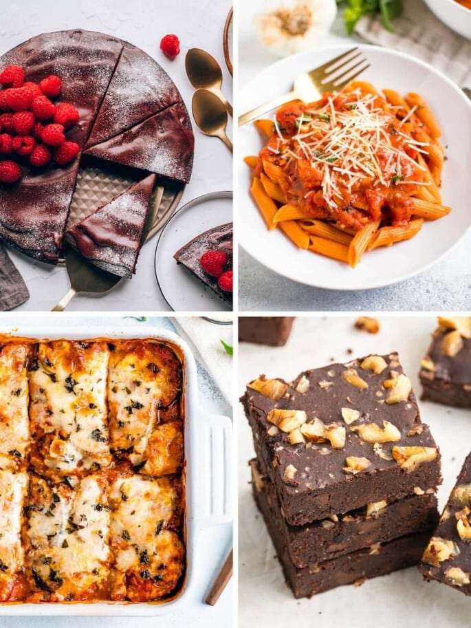 Collage of four recipe photos: flourless chocolate cake, pasta alla vodka, baked eggplant parmesan and black bean brownies.