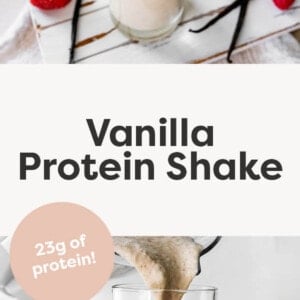 Vanilla Protein Shake in a glass garnished with a cinnamon stick. Vanilla bean pods and strawberries are around the glass. Photo below is of a blender pouring the shake into a glass.