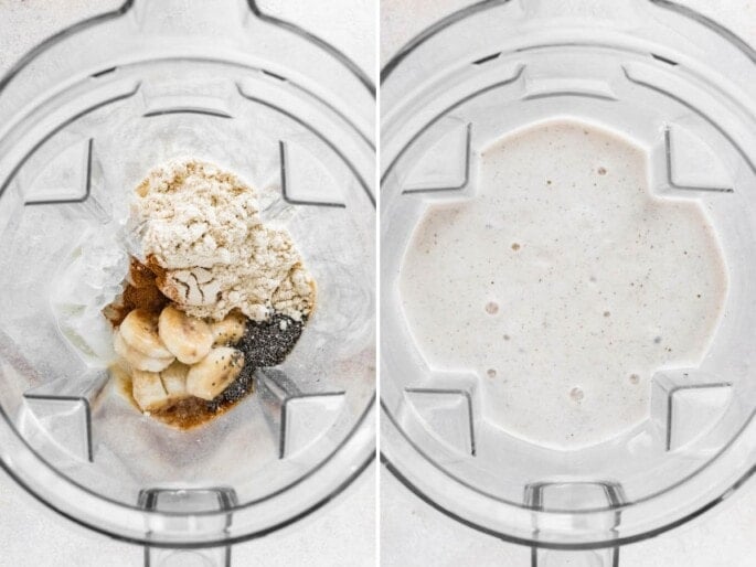 Side by side photos of a blender with ingredients to make a vanilla protein shake, before and after being blended.