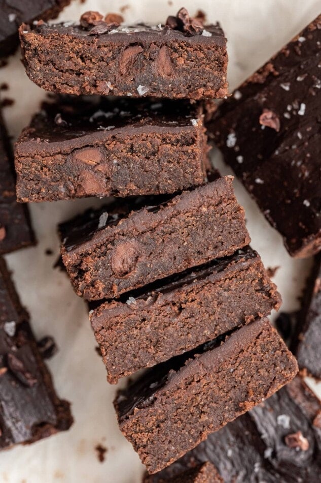 Chickpea brownies lined up on their sides.