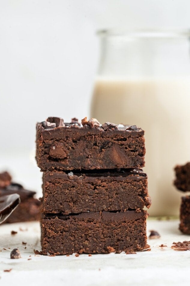 A stack of three chickpea brownies.