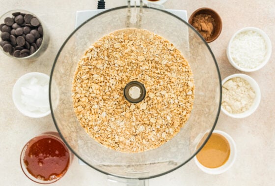 Cereal and oatmeal after being blended in a food processor.