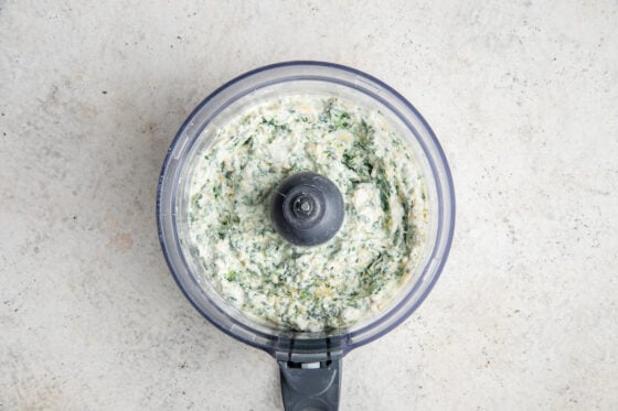 Yogurt, cottage cheese, mayo, artichoke, spinach and minced garlic blended together in a food processor.
