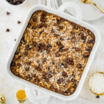 Lactation baked oatmeal in a baking dish.