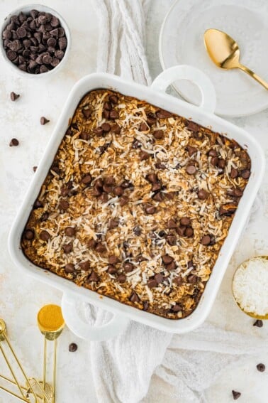 Lactation baked oatmeal in a baking dish.