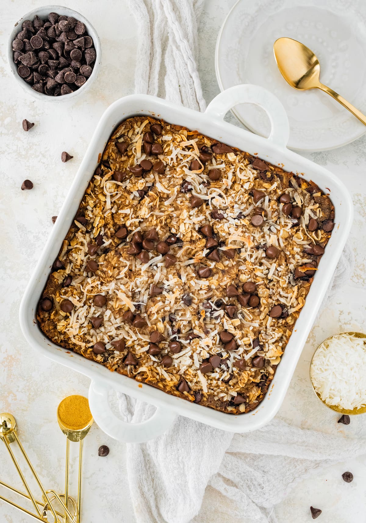 Lactation baked oatmeal in a baking dish.