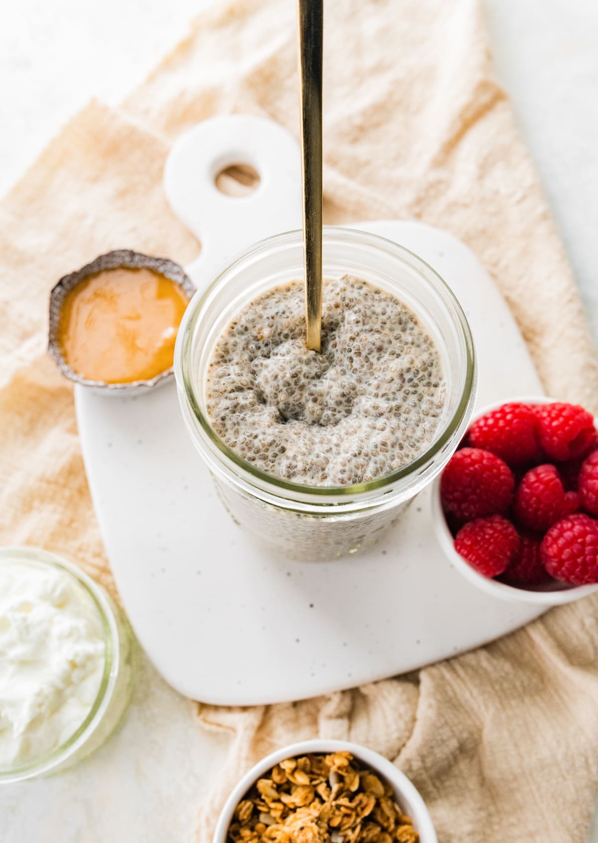 A jar of protein chia pudding with no toppings.