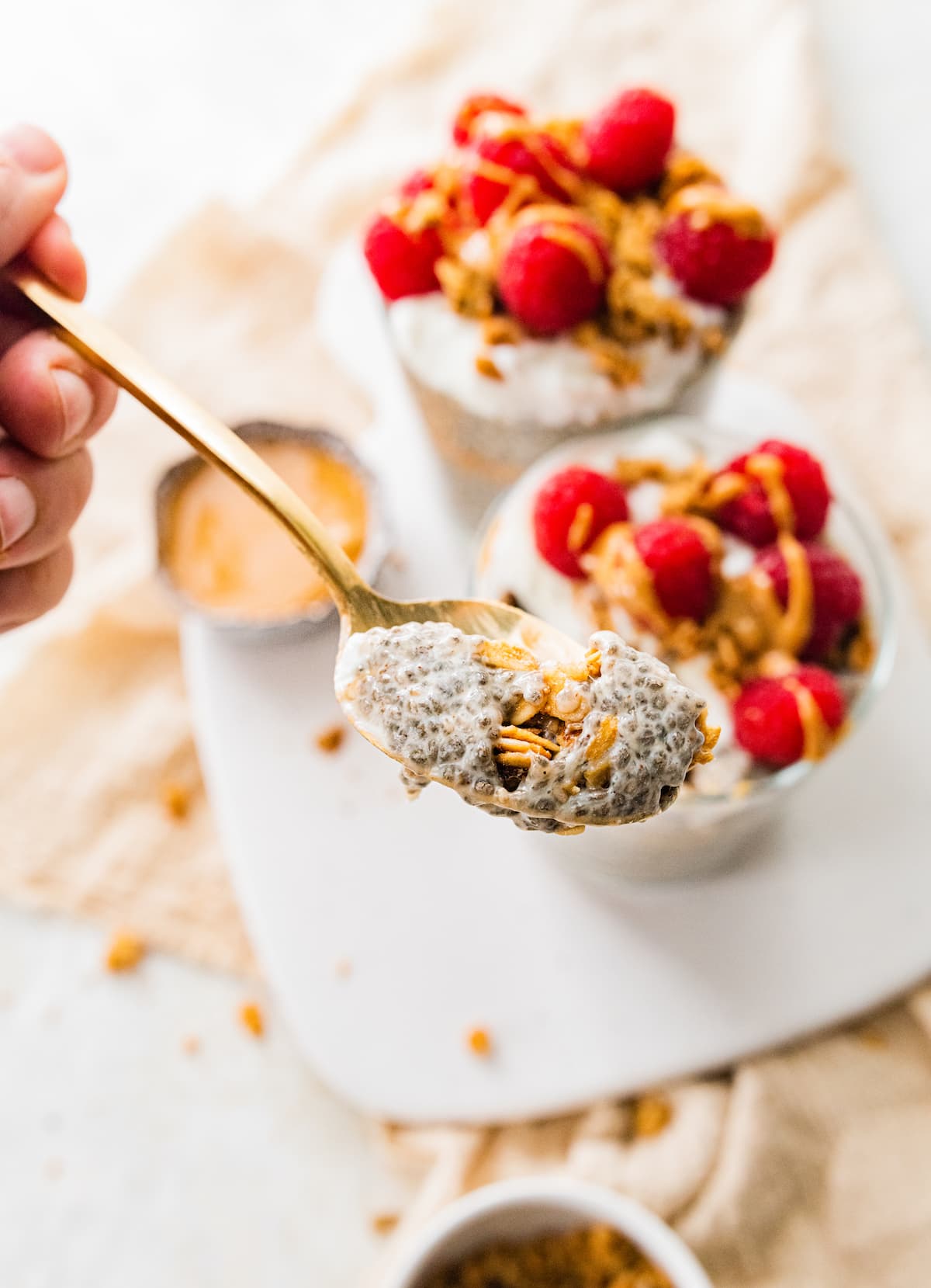 A spoonful of protein chia pudding.