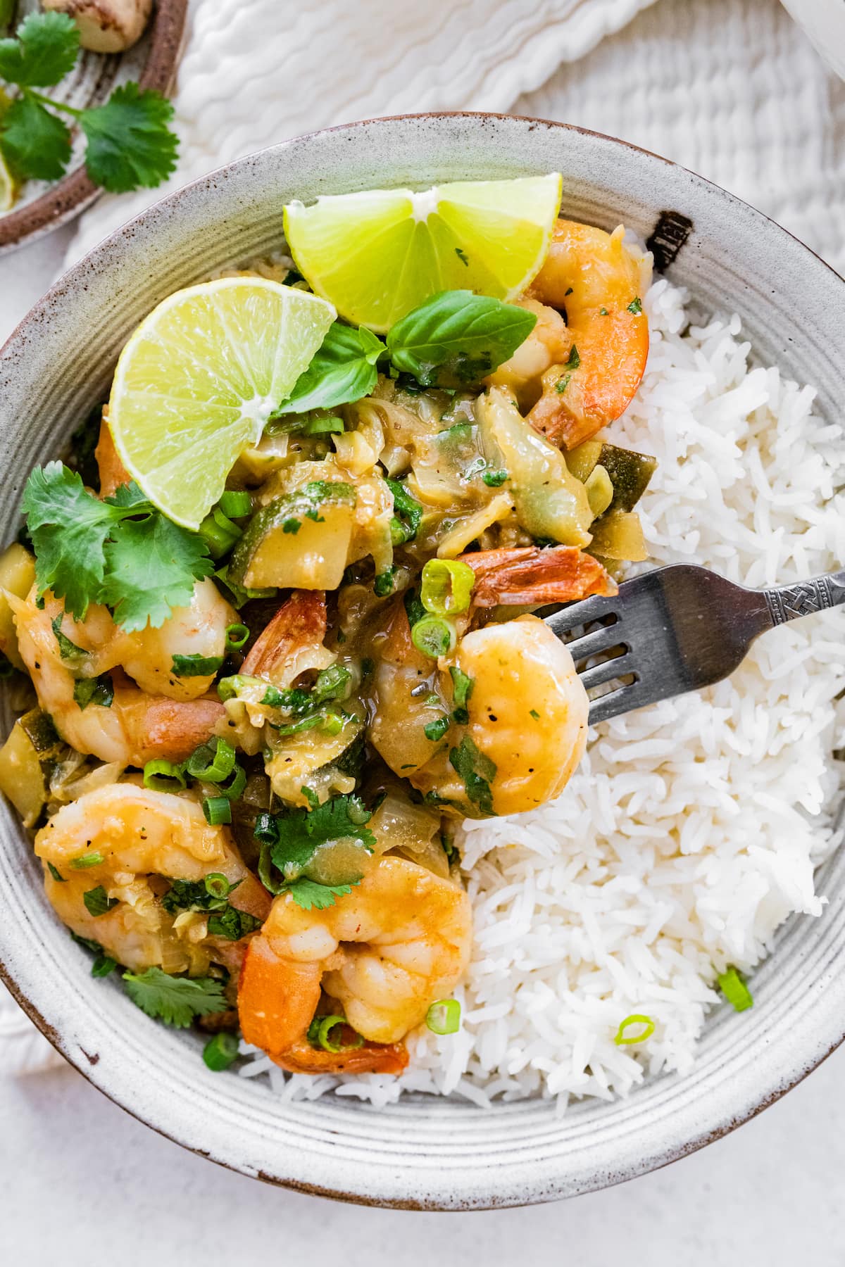 A fork holding a piece of shrimp over a bowl of thai green curry with shrimp and rice.