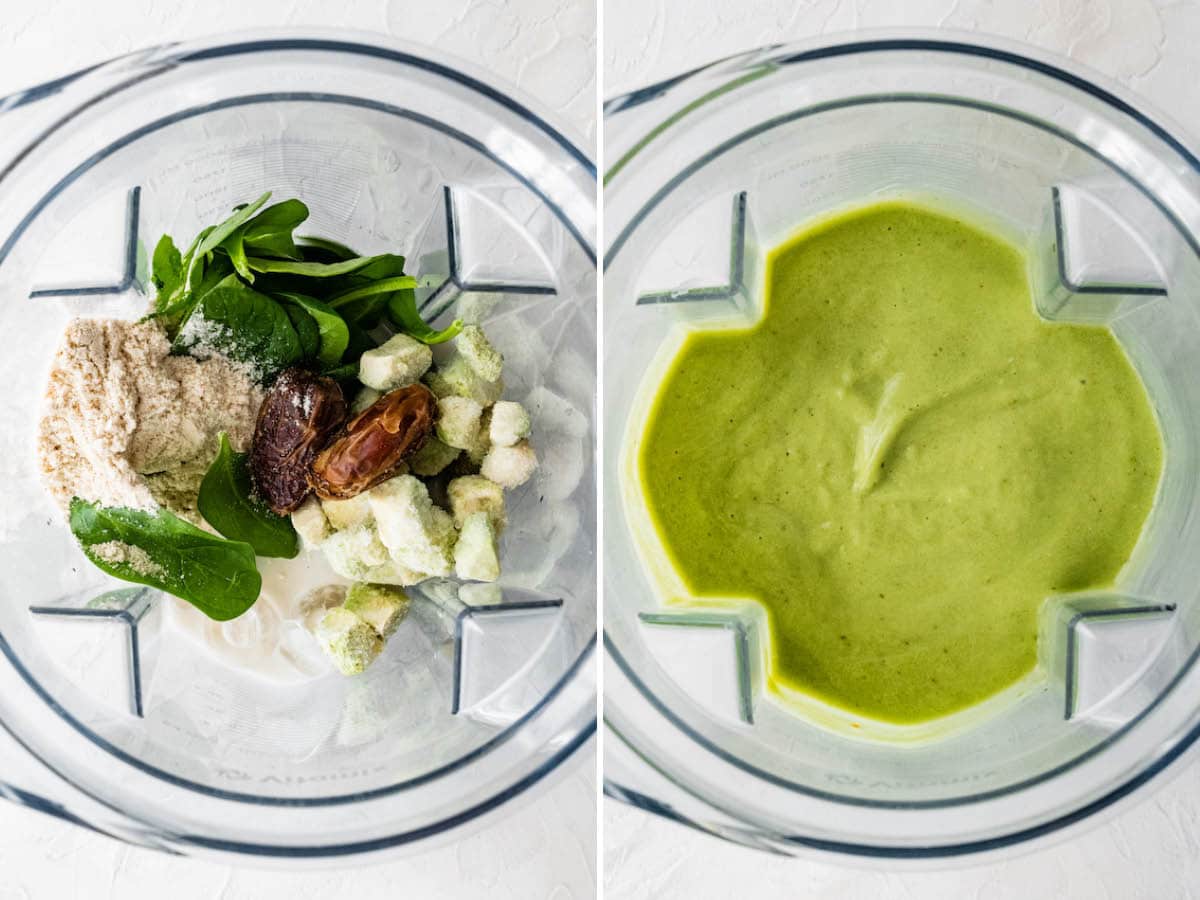 Side by side photos of a blender with the ingredients to make an avocado smoothie before and after being blended.
