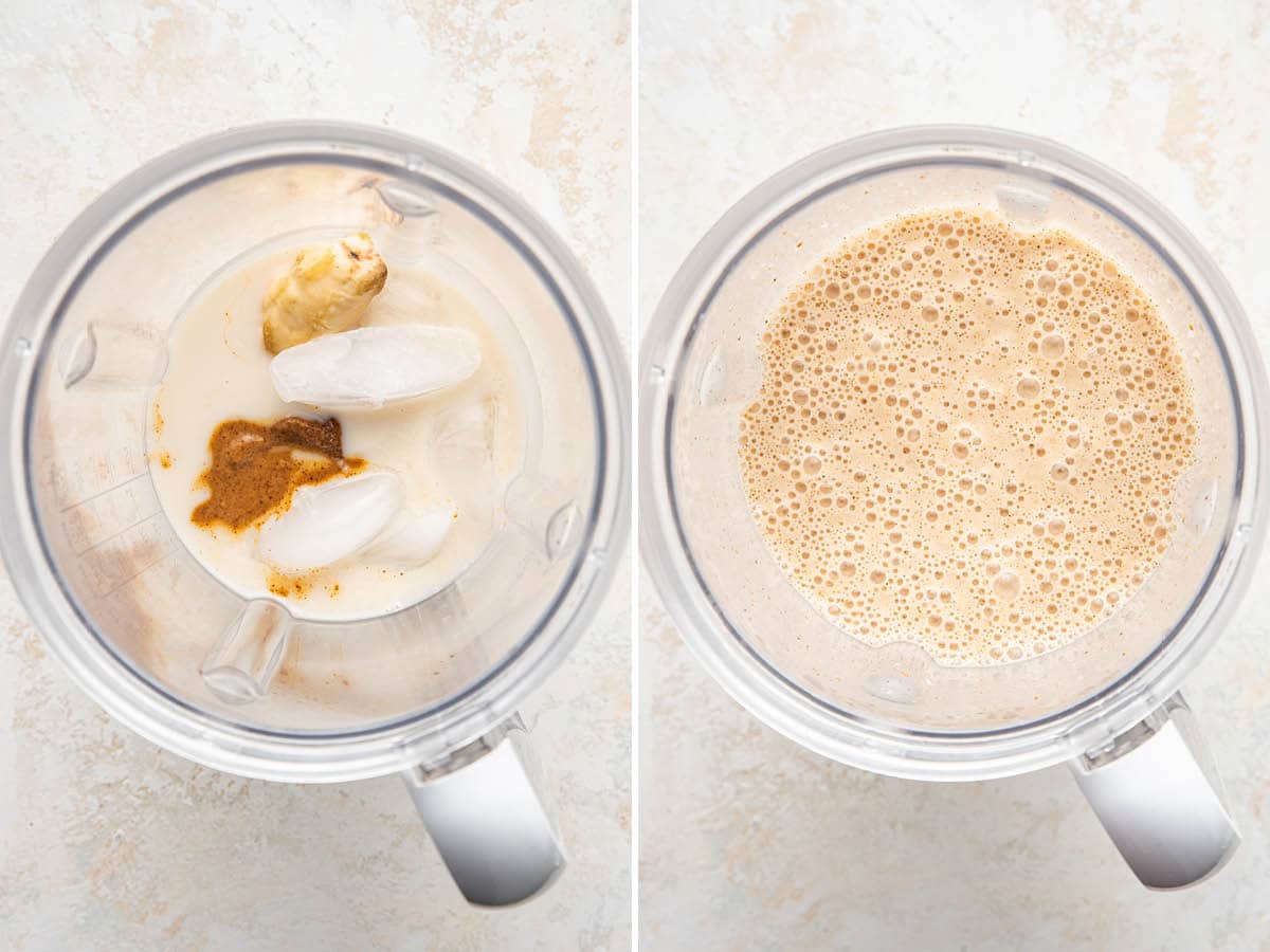 Side by side photos of a blender, showing the before and after blending a Banana Almond Butter Smoothie ingredients.