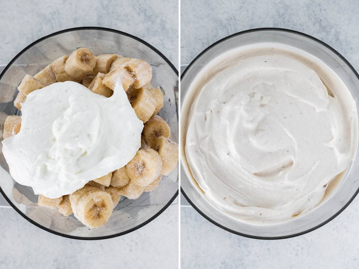 Side by side photo of frozen bananas and Greek yogurt in a food processor, before and after being blended.