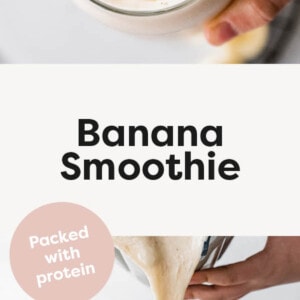 Hand holding a banana smoothie.  The photo below is of a blender pouring the smoothie into a glass.