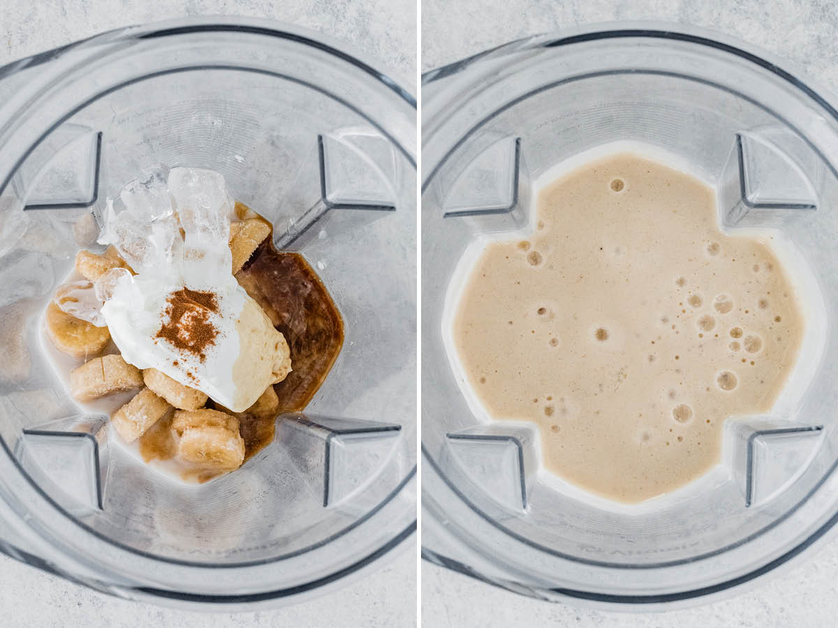 Side by side photos of a blender with the ingredients to make a banana smoothie before and after being blended.