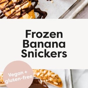Frozen banana snickers on a baking tray with parchment paper. Photo below is a spoon drizzling chocolate onto banana slices.