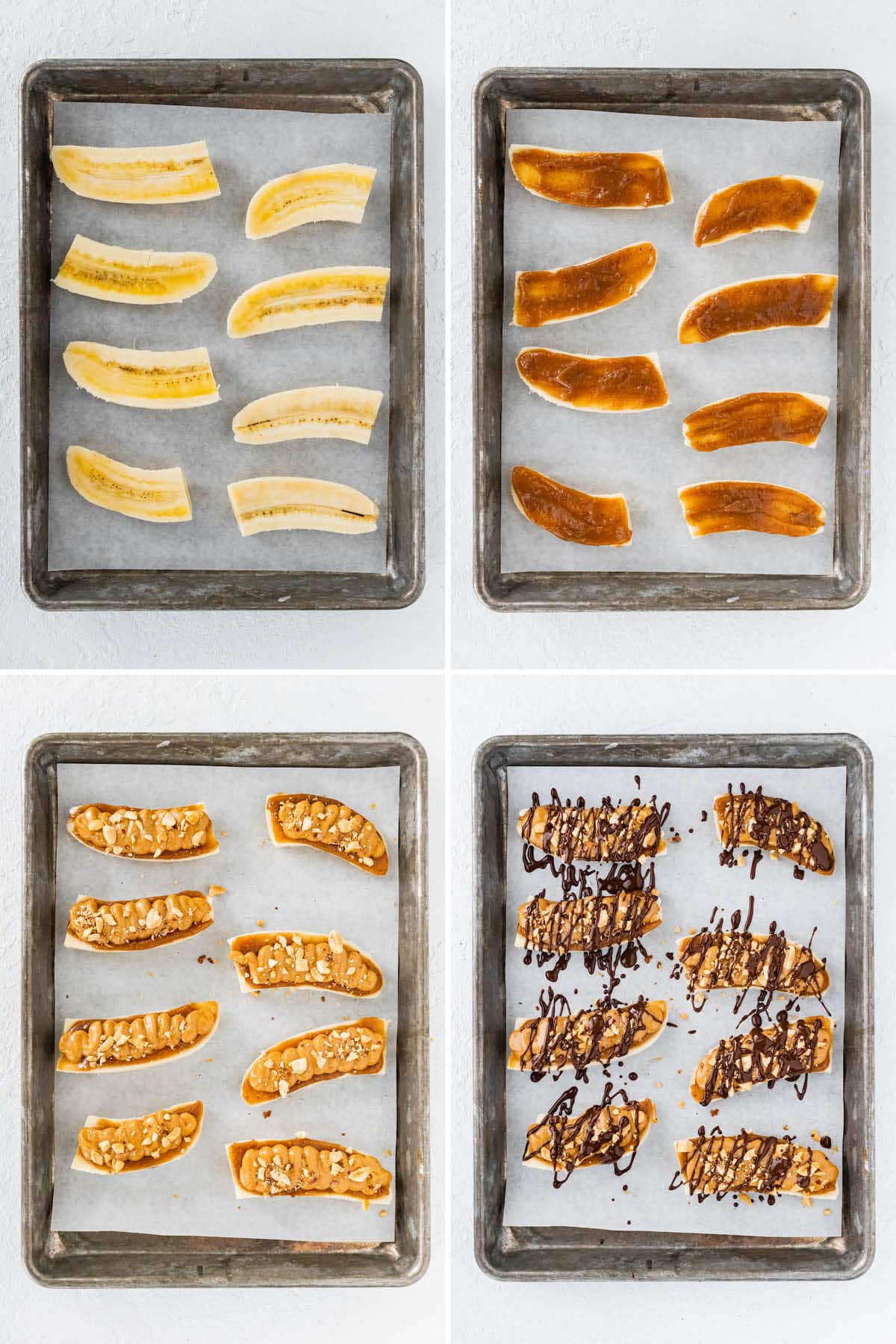Collage of four photos showing the steps to make Frozen Banana Snickers: topping bananas with date caramel, peanut butter, peanut and melted chocolate.