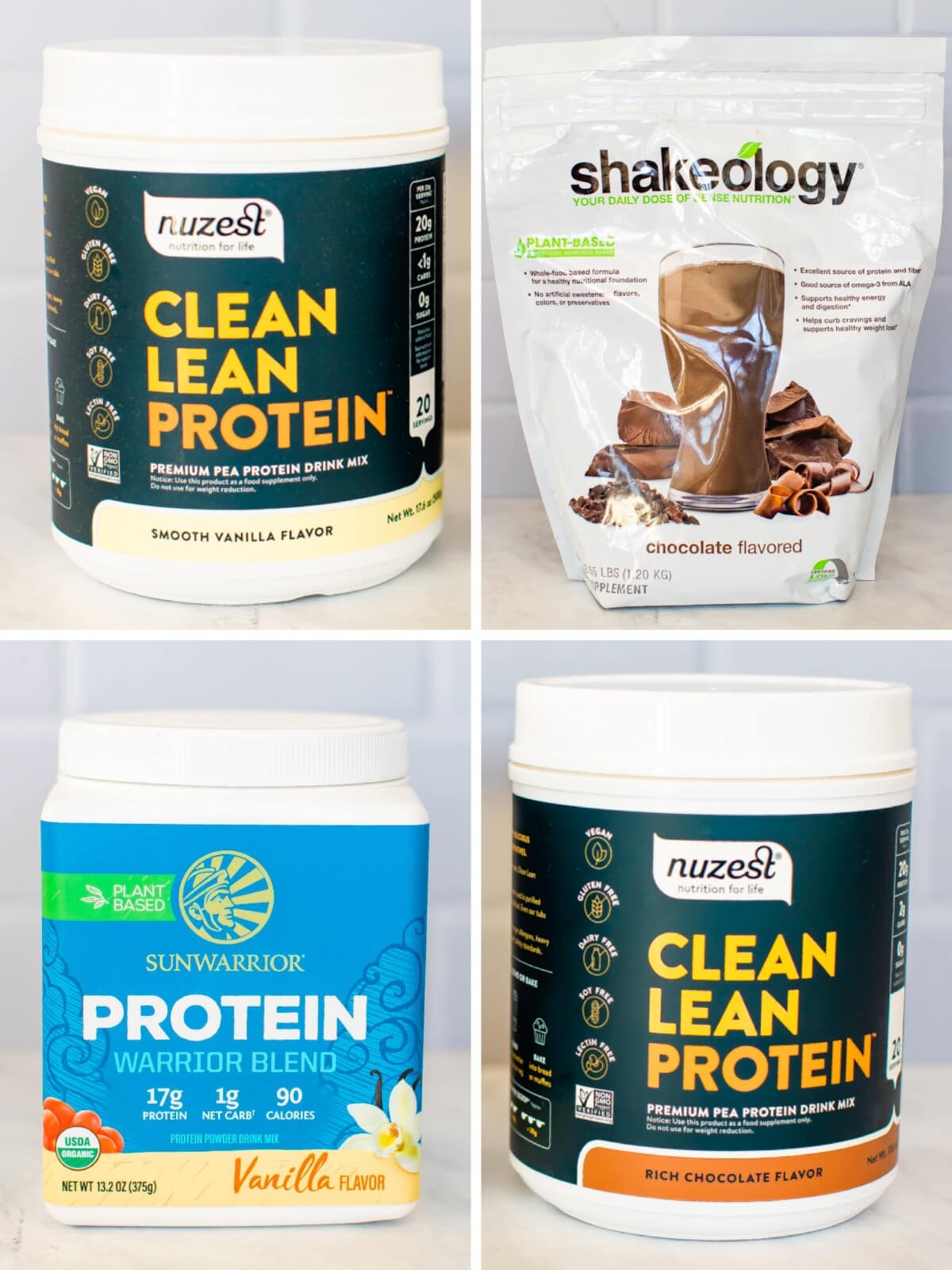 Collage of four photos of different plant-based protein powder containers: Nuzest vanilla, Shakeology chocolate, Sunwarrior vanilla and Nuzest chocolate.