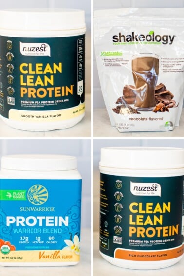 Collage of four photos of different plant-based protein powder containers: Nuzest vanilla, Shakeology chocolate, Sunwarrior vanilla and Nuzest chocolate.