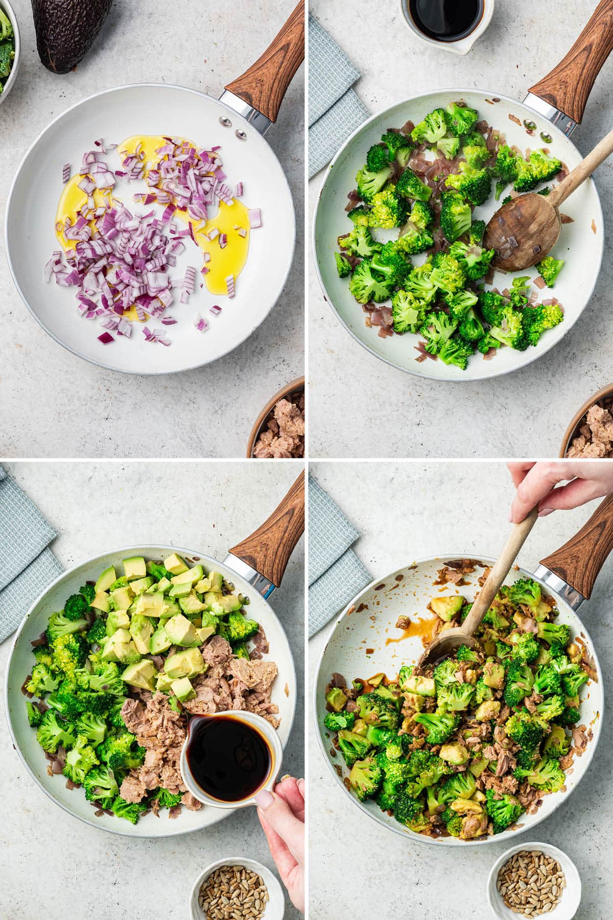 Collage of four photos showing the steps to make a Broccoli Avocado Tuna Bowl: sautéing onions and broccoli, adding avocado, tuna and tamari and then mixing together in the pan.