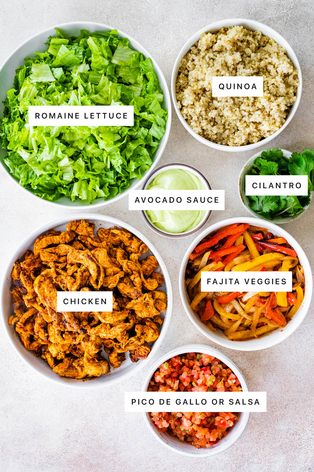 Ingredients measured out to make Chicken Fajita Bowls: romaine lettuce, quinoa, avocado sauce, cilantro, chicken, fajita veggies and pico de gallo.