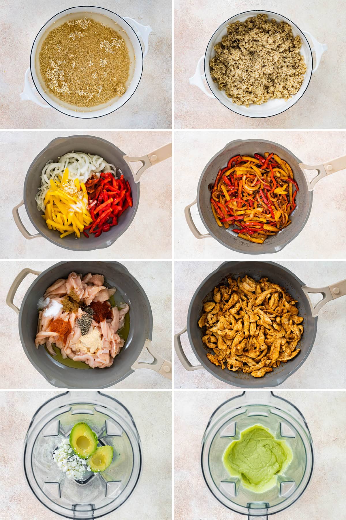 Collage of 8 photos show steps to make Chicken Fajita Bowls: cooking quinoa, sautéing veggies, cooking chicken strips and blending the avocado sauce.