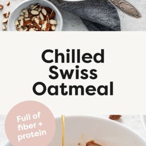 Bowls of chilled swiss oatmeal topped with nuts, apples and seeds.