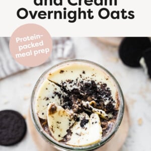 Cookies and cream overnight oats with broken white chocolate magic shell topping.