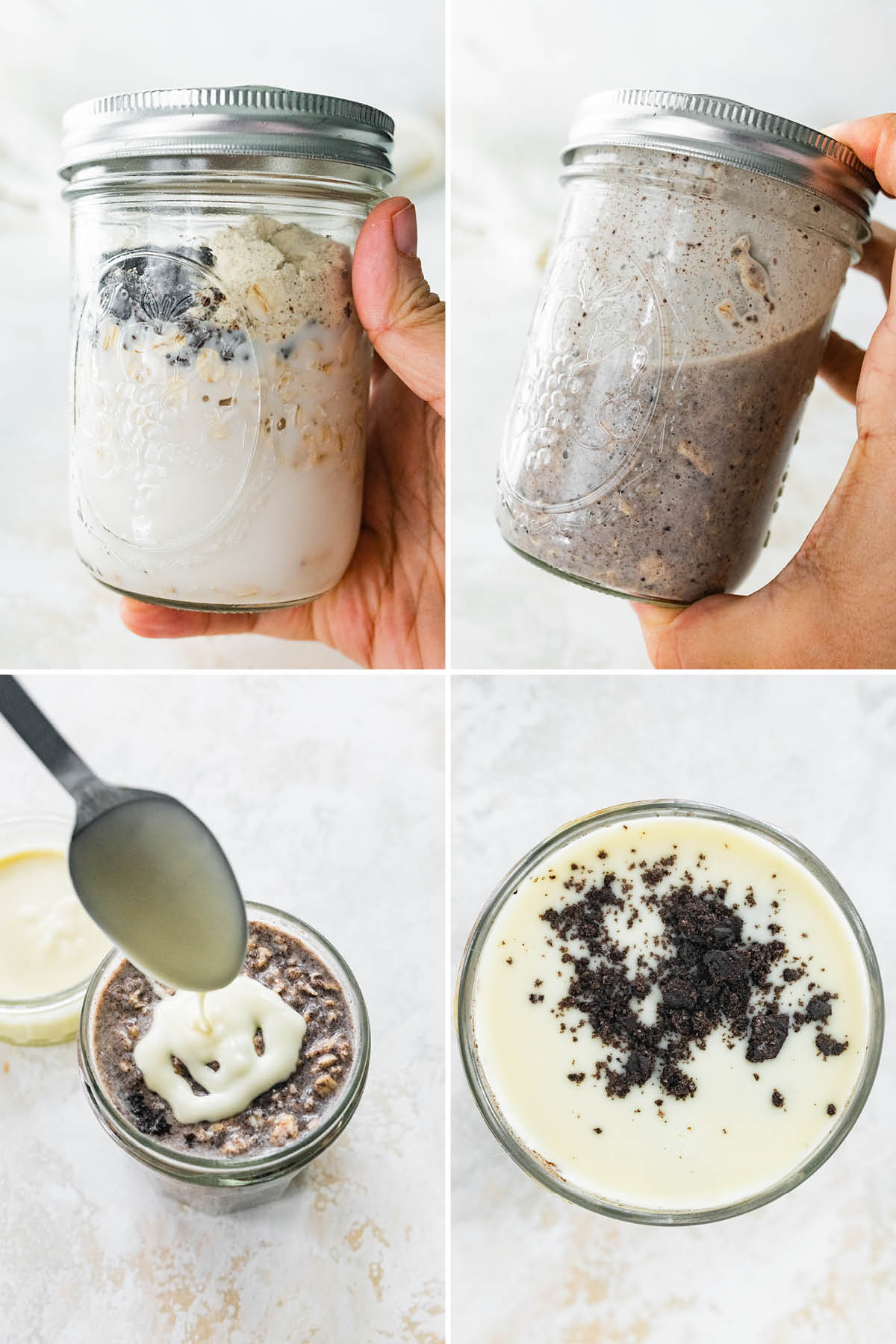 Four photos showing how to make Cookies and Cream Overnight Oats: mixing the oats ingredients and topping with melted white chocolate.
