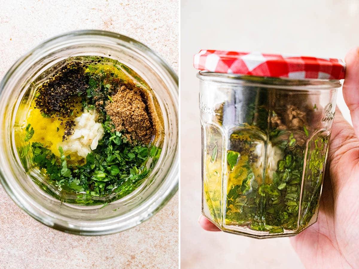Side by side photos of cilantro lime dressing ingredients in a jar, and then being shaken up to mix.