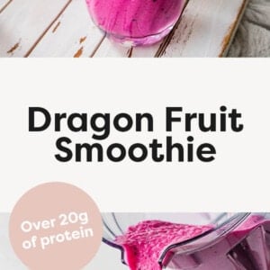 Two dragon fruit smoothies in glasses with straws. Photo below is a blender pouring the smoothie into a glass.
