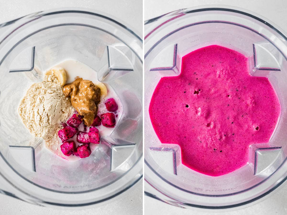 Side by side photos of a blender with the ingredients to make a dragon fruit smoothie before and after being blended.