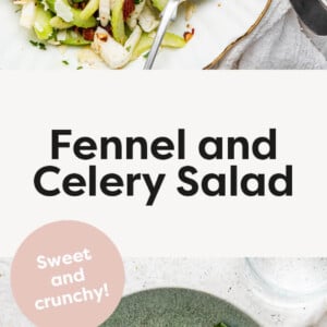 Close up image of fennel and celery salad in white serving bowl. Photo below is the salad portioned onto a smaller salad plate with a fork.
