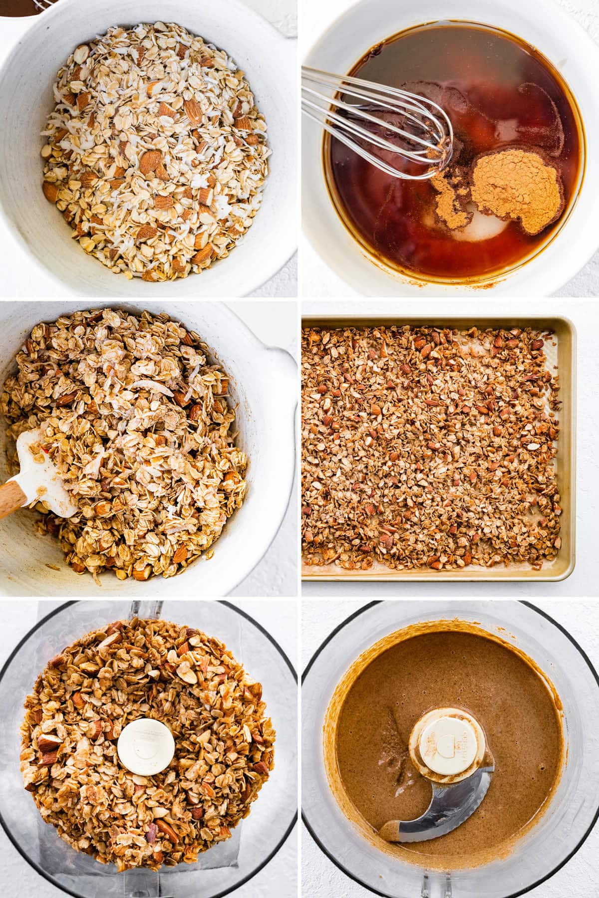 Collage of six photos showing the steps to make Granola Butter: making homemade granola and then blending until nut butter texture in a food processor.