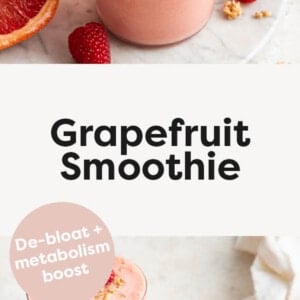Two grapefruit smoothies topped with fresh berries, grapefruit and granola.