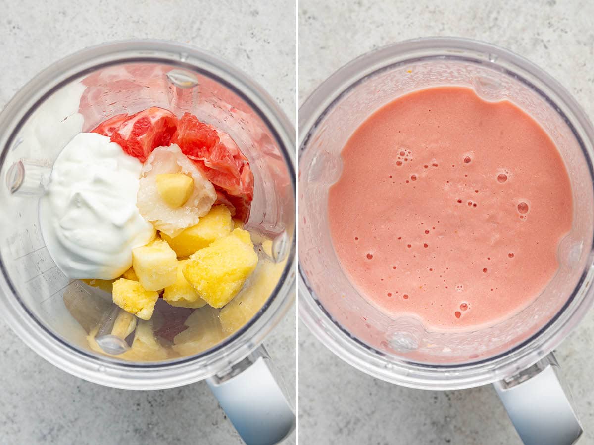 Side by side photos of a blender with the ingredients to make a Grapefruit Smoothie before and after being blended.