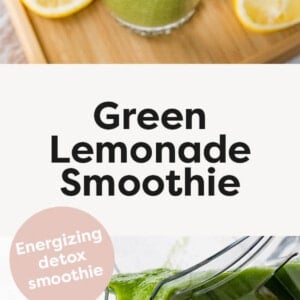 A green lemonade smoothie in a glass with a fresh lemon slice. Photo below is of a blender pouring the smoothie into a glass.