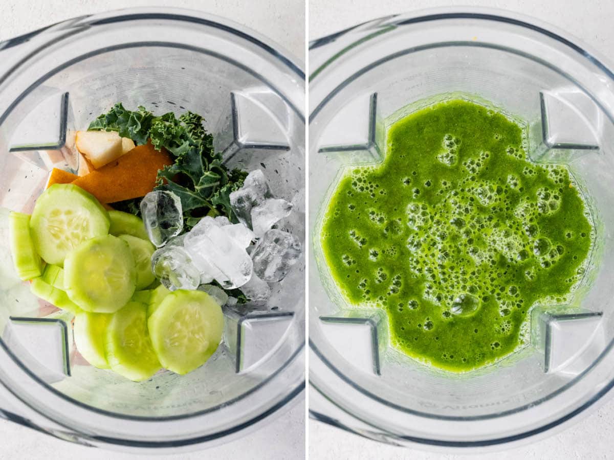 Side by side photos of a blender with the ingredients to make a green lemonade smoothie before and after blending.