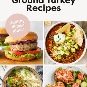 Collage of photos: taco soup, stuffed peppers, turkey burger and an egg roll in a bowl.