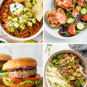 Collage of photos: taco soup, stuffed peppers, turkey burger and an egg roll in a bowl.