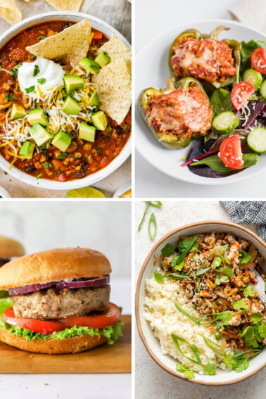 Collage of photos: taco soup, stuffed peppers, turkey burger and an egg roll in a bowl.