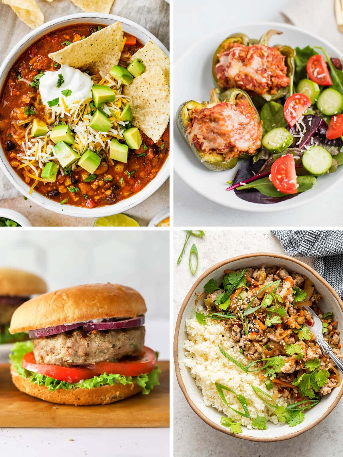 Collage of photos: taco soup, stuffed peppers, turkey burger and an egg roll in a bowl.