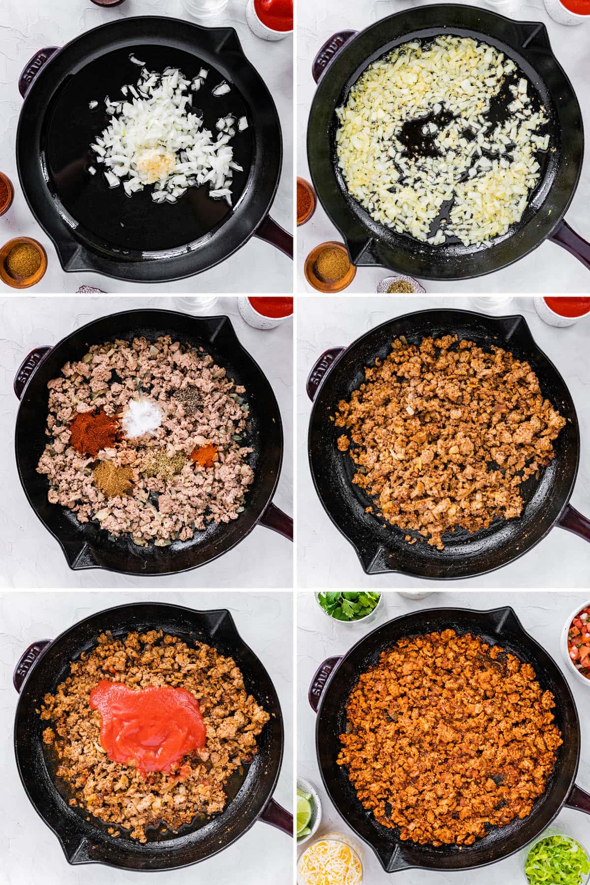 Collage of six photos showing how to make turkey taco meat in a skillet: cooking garlic and onions, adding ground turkey, spices and tomato sauce.