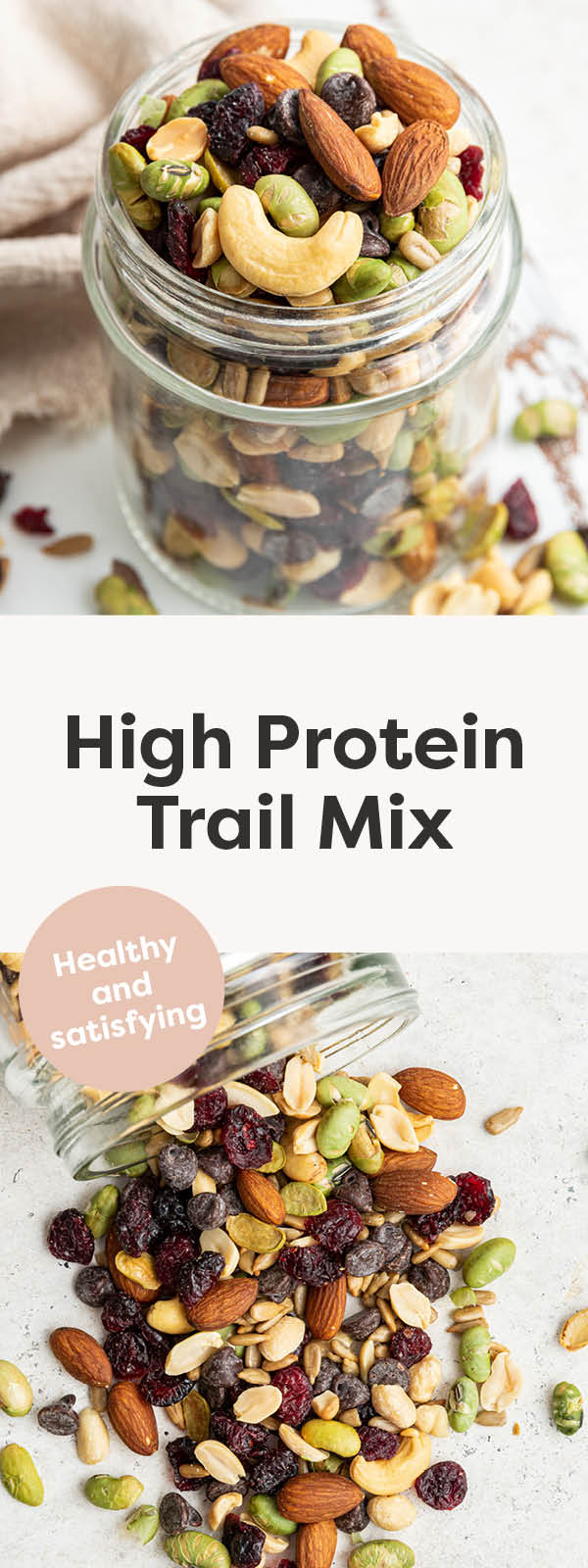 Two photos of a jar filled with High Protein Trail Mix.