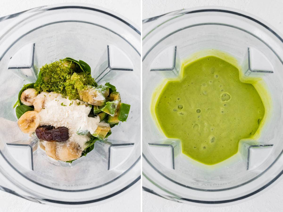 Side by side photos of a blender with the ingredients to make a Key Lime Pie Smoothie before and after being blended.