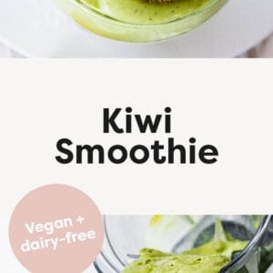 Kiwi smoothie topped with kiwi slices. Photo below is of a blender pouring the smoothie into a glass.